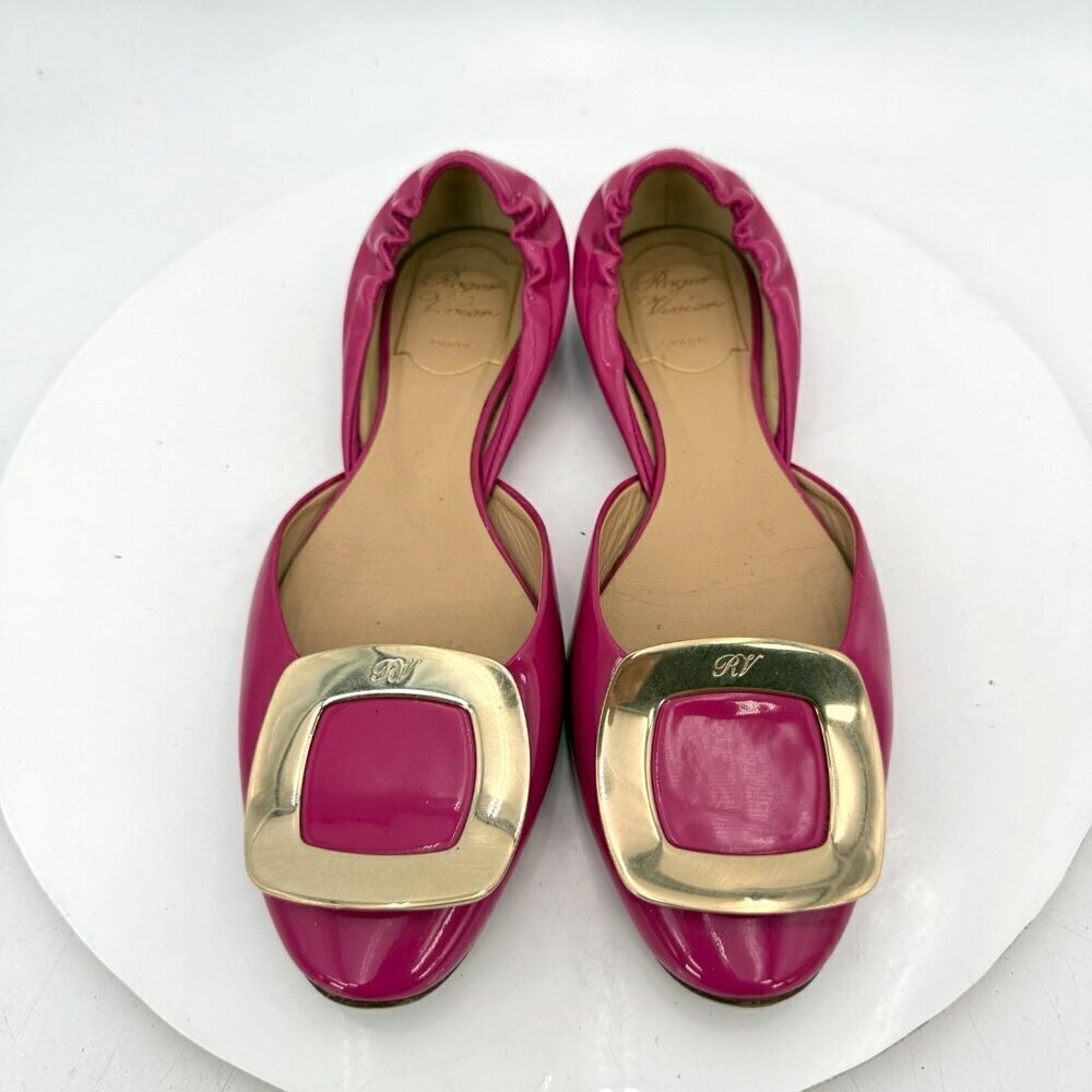 Roger Vivier Women Size EU 35 US 5 Pink Fuchsia Patent Leather Slip On Flat Shoe